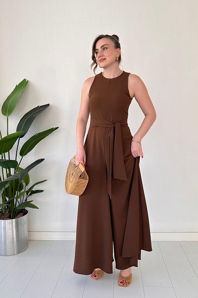MaziButik Belted Wide Leg Jumpsuit Brown