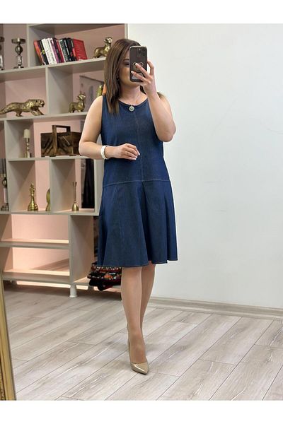 MELTEM TUĞAN Zero Sleeve Flared Denim Dress Dark Blue