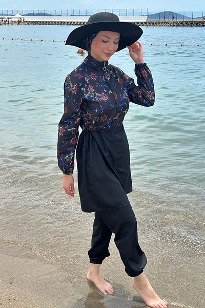 Tesettür Diyarı Zippered Gathered Waist Parachute Fabric Hijab Swimsuit