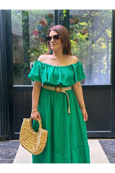 MELTEM TUĞAN Lace Brode Dress with Elastic Shoulder Green