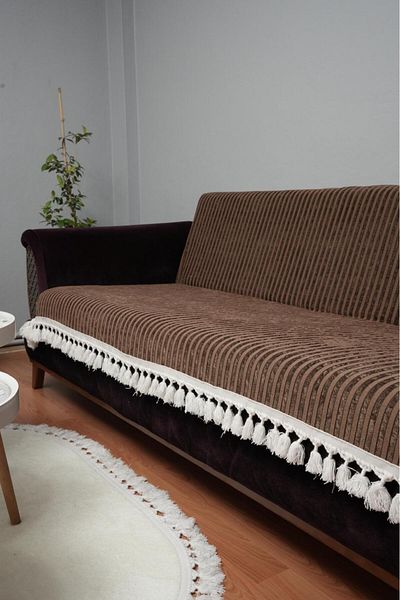 DECORA CASA HOME COLLECTİON Калъф за диван с ресни и райета, неплъзгащ се, от гъбено кадифе