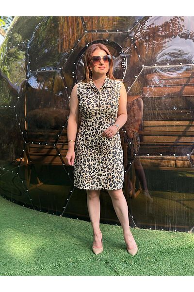 MELTEM TUĞAN Shirt Collar Gold Button Detailed Leopard Dress Black