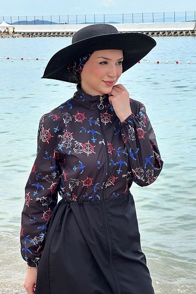 Tesettür Diyarı Zippered Gathered Waist Parachute Fabric Hijab Swimsuit