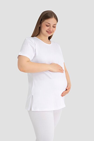 Arma Yıldız Cotton Lycra White Short Sleeve Maternity T-Shirt Comfortable and Breathable Maternity Clothing