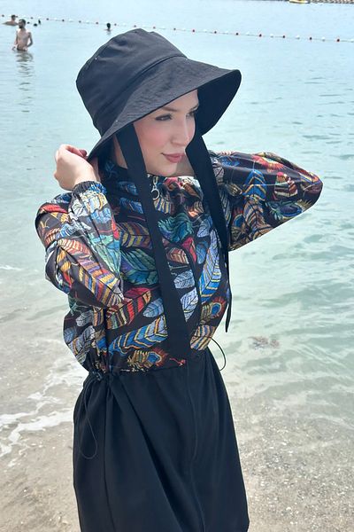 Tesettür Diyarı Zippered Gathered Waist Parachute Fabric Hijab Swimsuit