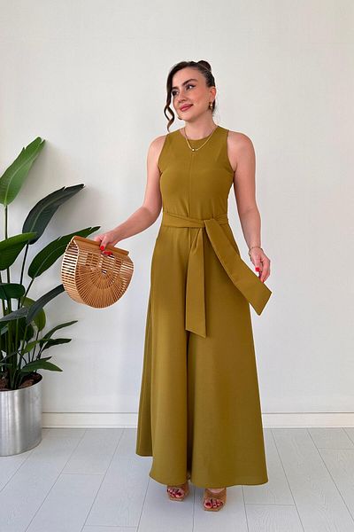MaziButik Belted Wide Leg Jumpsuit Fat Green