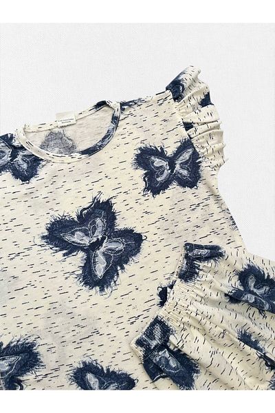 Fil Kids Girls' Cotton Summer Thin Fabric White Butterfly Pattern Short Sleeve Shorts Summer Pajamas Set