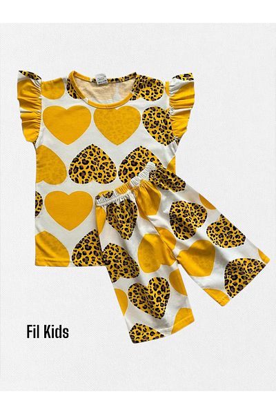 Fil Kids Girls' Cotton Summer Thin Fabric Yellow Heart Leopard Print Short-Sleeved Shorts Summer Pajamas Set