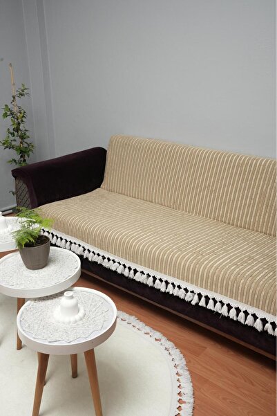 DECORA CASA HOME COLLECTİON Saçaklı Çizgili Süngerli Kadife Kaymaz Çekyat Koltuk Örtüsü