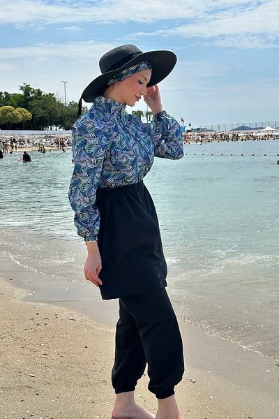 Tesettür Diyarı Zippered Gathered Waist Parachute Fabric Hijab Swimsuit