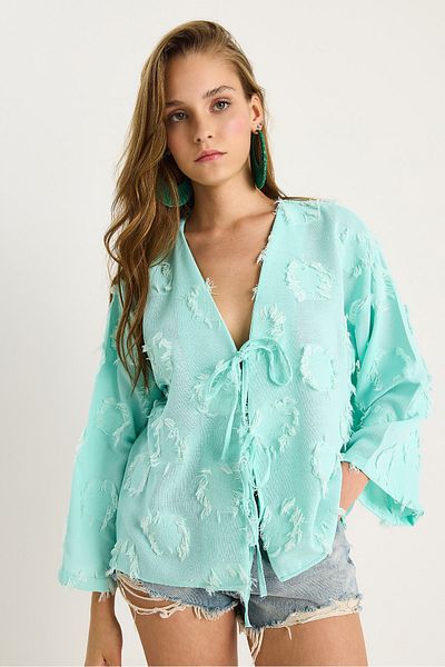 Bianco Lucci Women's Front Tie Self Embroidery Tassel Casual Kimono 7012-2 60283410