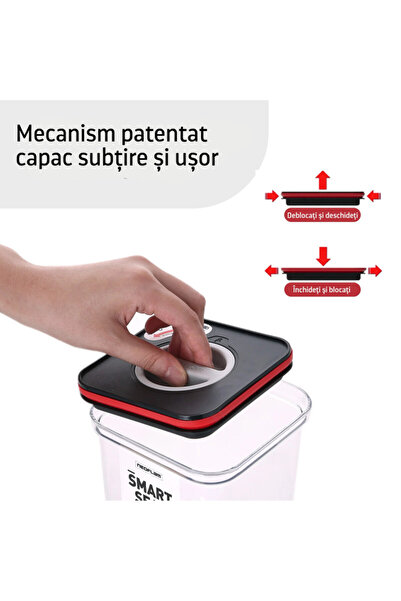 NEOFLAM Food containers, Smart Seal, square, black/red lid, 0.55L, set of 4