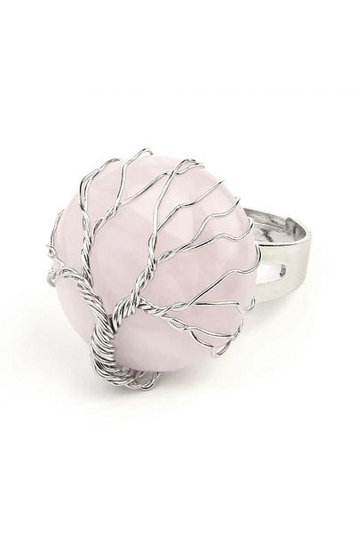 animis beauty Inel Cuart Roz cu montura Pomul Vietii, reglabil, din pietre naturale semipretioase