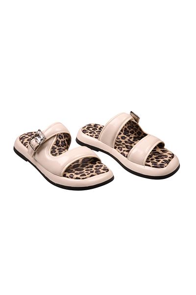 Lady Mia Noya Genuine Leather Buckle Stone Detailed Women's Slippers