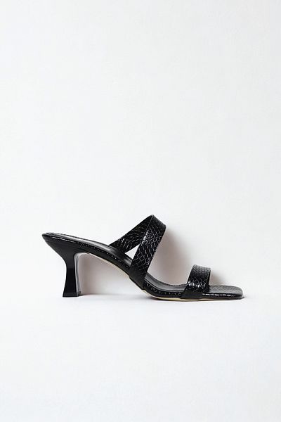NiceDiffer Women's Black Ankle Strap Metallic Crocodile Heeled Slippers