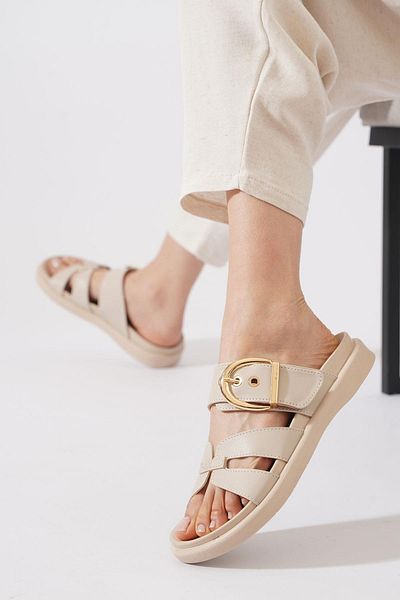 Moda Pie Γυναικείες παντόφλες Oresla Single Buckle Beige Skin