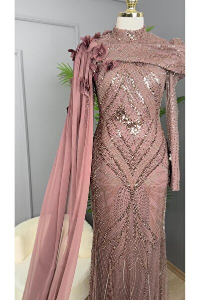 duguncumoda New Elegans Yaka Pelerin Detaylı Abiye Elbise-2479