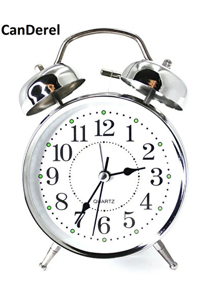 Canderel Gümüş Metal Çift Çanlı Masa Saati Fosforlu Işıklı Çalar Masa Saati