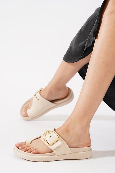 Moda Pie Mapes Flip Flop Γυναικείες Παντόφλες Μπεζ δέρμα