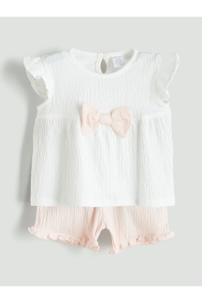 LC Waikiki Ecru Ribbon Baby Girl Blouse and Shorts 2-Piece