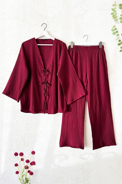 MODAQU Set de două pantaloni kimono crinkle cu șireturi în față - roșu claret