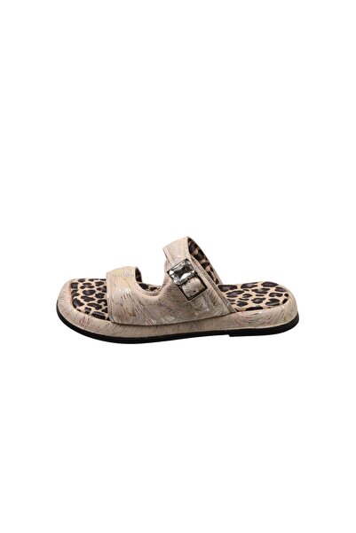 Lady Mia Noya Genuine Leather Buckle Stone Detailed Women's Slippers