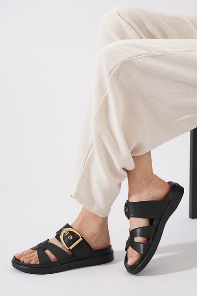 Moda Pie Γυναικείες παντόφλες Oresla Single Buckle Μαύρο δέρμα
