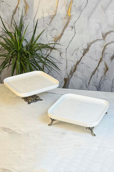 MAY HOME Square Porcelain Antique Footed Presentation Plate Serving Plate