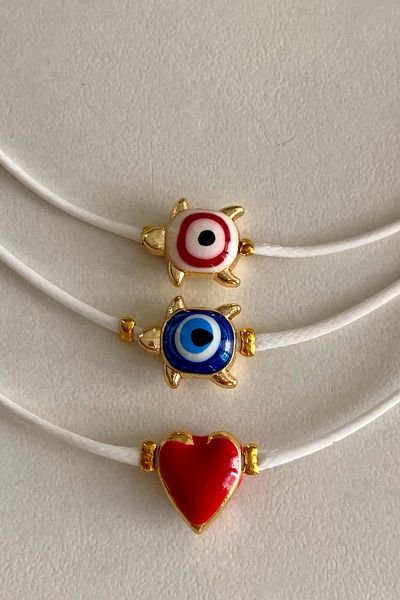 Shepidi 3-Piece White Rope Anklet with Turtle and Heart Figures Scroll Lock Braid