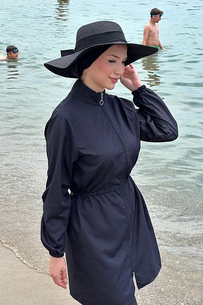 Tesettür Diyarı Zippered Gathered Waist Parachute Fabric Hijab Swimsuit