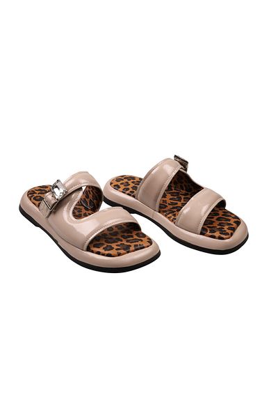Lady Mia Noya Genuine Leather Buckle Stone Detailed Women's Slippers