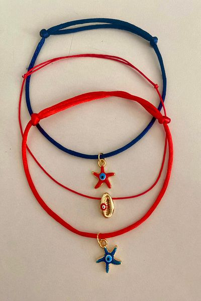 Shepidi 3-Piece Sea Summer Concept Flush Rope Slide Lock Mesh Anklet (Red Navy Blue)