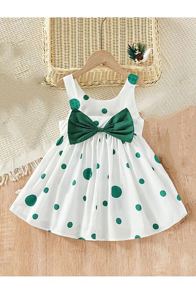 OEM White Cotton Dress With Green Bow, Cotton, 5-6 Years, 120 Cm