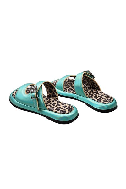 Lady Mia Noya Genuine Leather Buckle Stone Detailed Women's Slippers