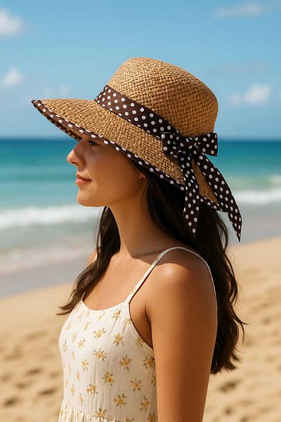 WOHOME Pointed Detail Straw Summer Women's Hat with Ribbons