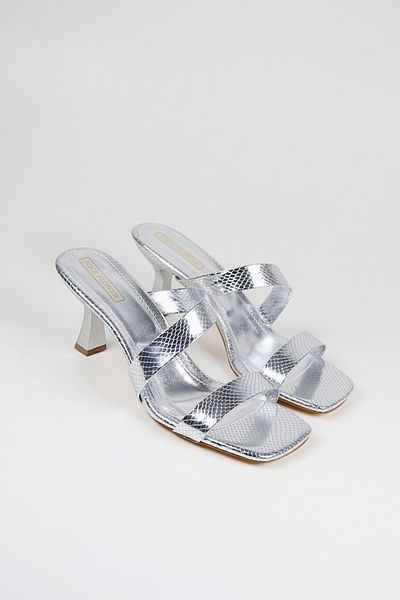 NiceDiffer Women's Silver Ankle Strap Metallic Crocodile Heeled Slippers