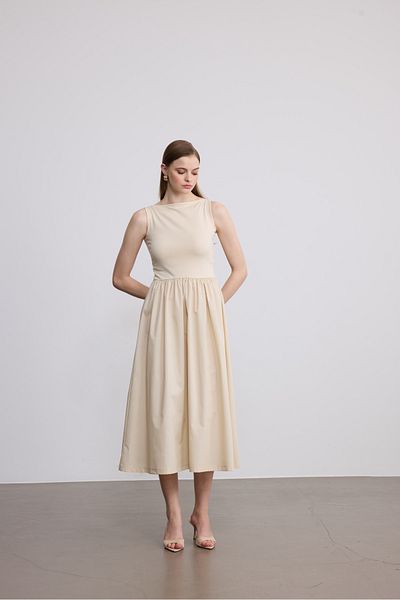 SevdeUgur Γυναικείο Maxi Size Stretchy Knitted Top με φούστα από ποπλίνα Κομψό φόρεμα με λουράκι κρέμας / Sevde Ugur