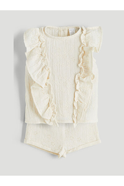 LC Waikiki Beige Muslin Ruffled Baby Girl Blouse and Shorts 2-Piece Set