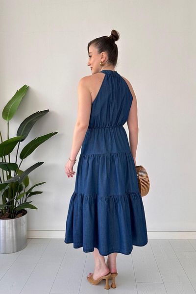 MaziButik Halter Denim Dress Navy Blue