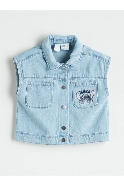 LC Waikiki Shirt Collar Stitch Printed Girl's Jean Vest