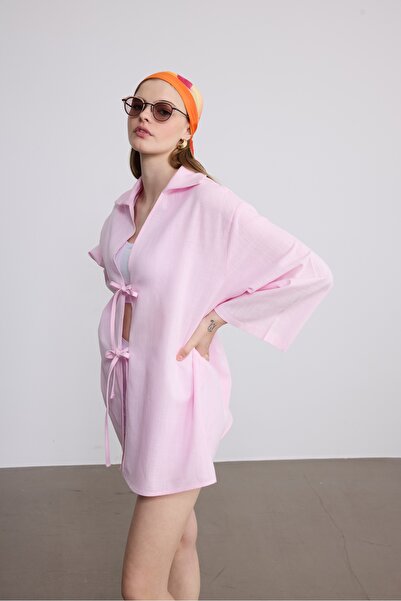 SevdeUgur Women's Pink Linen Lace-Up Kimono / Sevde Ugur