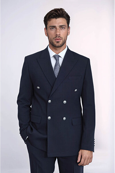 Wessi Gümüş Renk Metal Düğmeli Slim Fit Kruvaze Lacivert Erkek Takım Elbise –...