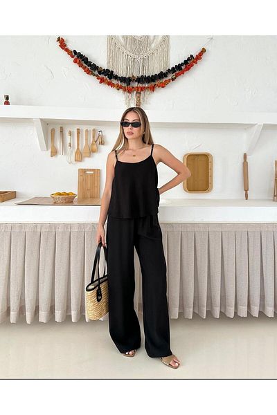 DERWARDEIN Women's Black Summer Suit – Strap Blouse & Wide Leg Pants