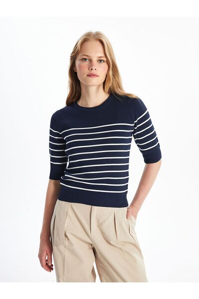 LC Waikiki Bisiklet Yaka Çizgili Kısa Kollu Kadın Triko Kazak