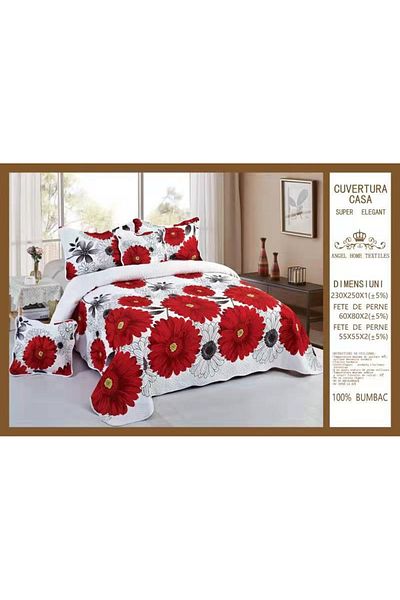 FIONNA.RO 5-Piece Quilted Cotton Duvet Cover - Red Daisies