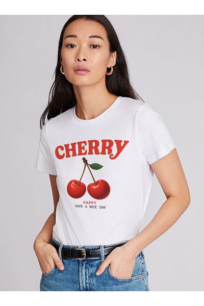 Disante Cherry Printed Crew Neck Basic Trend Women's T-Shirt
