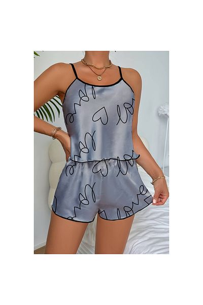 Findit Love Printed Gray Satin Shorts Nightgown Set
