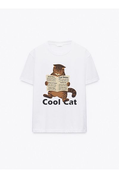 Disante Cool Cat Printed Crew Neck Basic Trend Women's T-Shirt