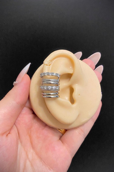 Jaida Moda Gümüş Zirkon Taşlı Çoklu Görünümlü Deliksiz Sıkıştırmalı Çelik Kıkırdak Küpe