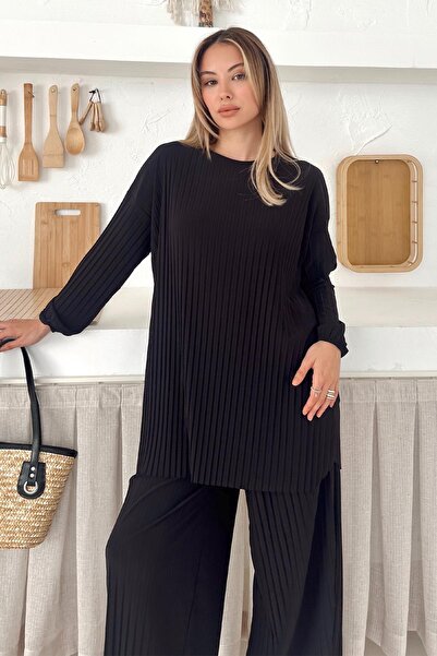 Olcay Sandy Fabric Pleated Tunic Trousers Double Set Black 9361-Tk